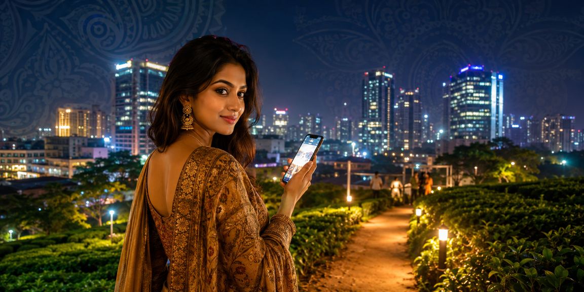 ঢাকায় চা বাগানের পাশে মোবাইলে ক্যাসিনো বেটিং করছেন একজন ব্যবহারকারী